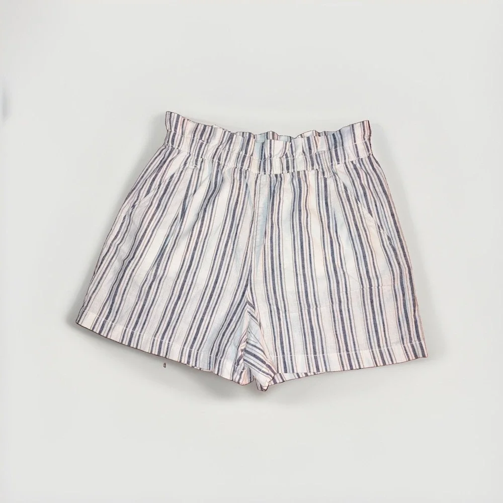 Women's M Linen Blend Paper Bag Coastal Stripe Preppy Pocket Vacay Resort Shorts